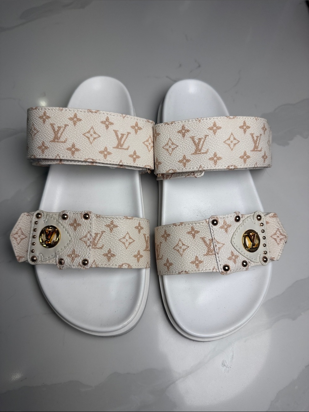 White & Beige Monogram Slide Sandals